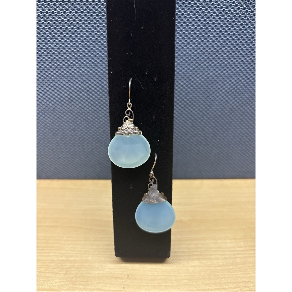 VINTAGE DESIGNER 925 PTI NEPAL  AGATE STONE DANGLE FLOWER EARRINGS
